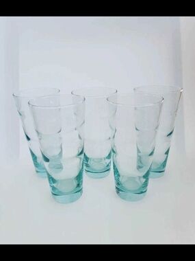 Libbey Saturn Ripple Aqua Blue Vintage Drinking Glasses Set Of 5 16 oz Rare